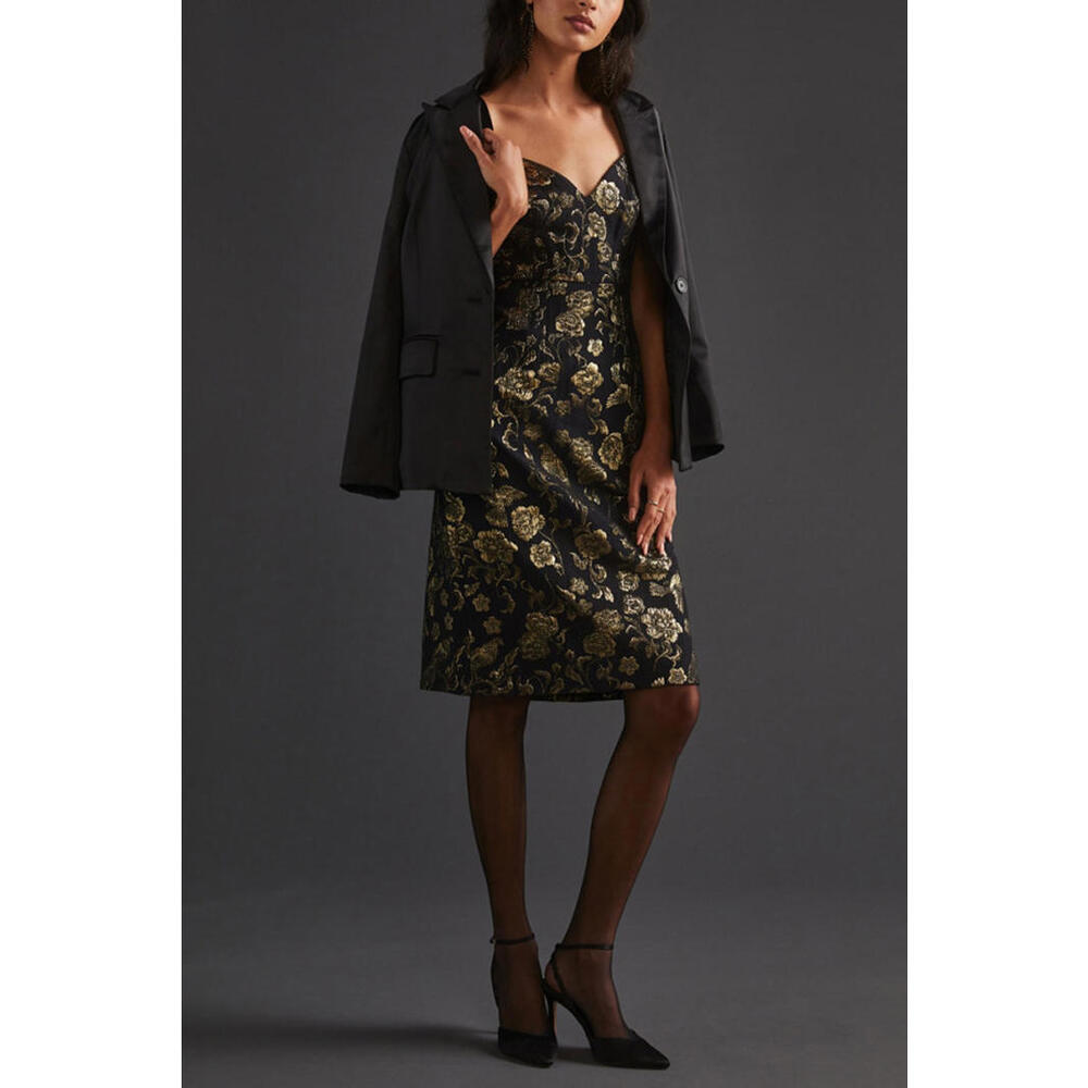 Maeve - Slim Black and Gold Jacquard Mini Dress, size 2